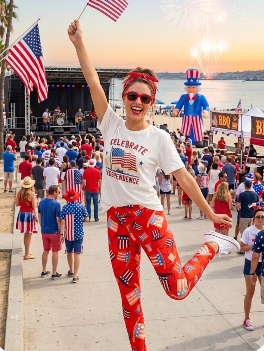 LuLaRoe Red Patriotic Flag Top Hat Print Pants leggings 4th of July TALL & CURVY